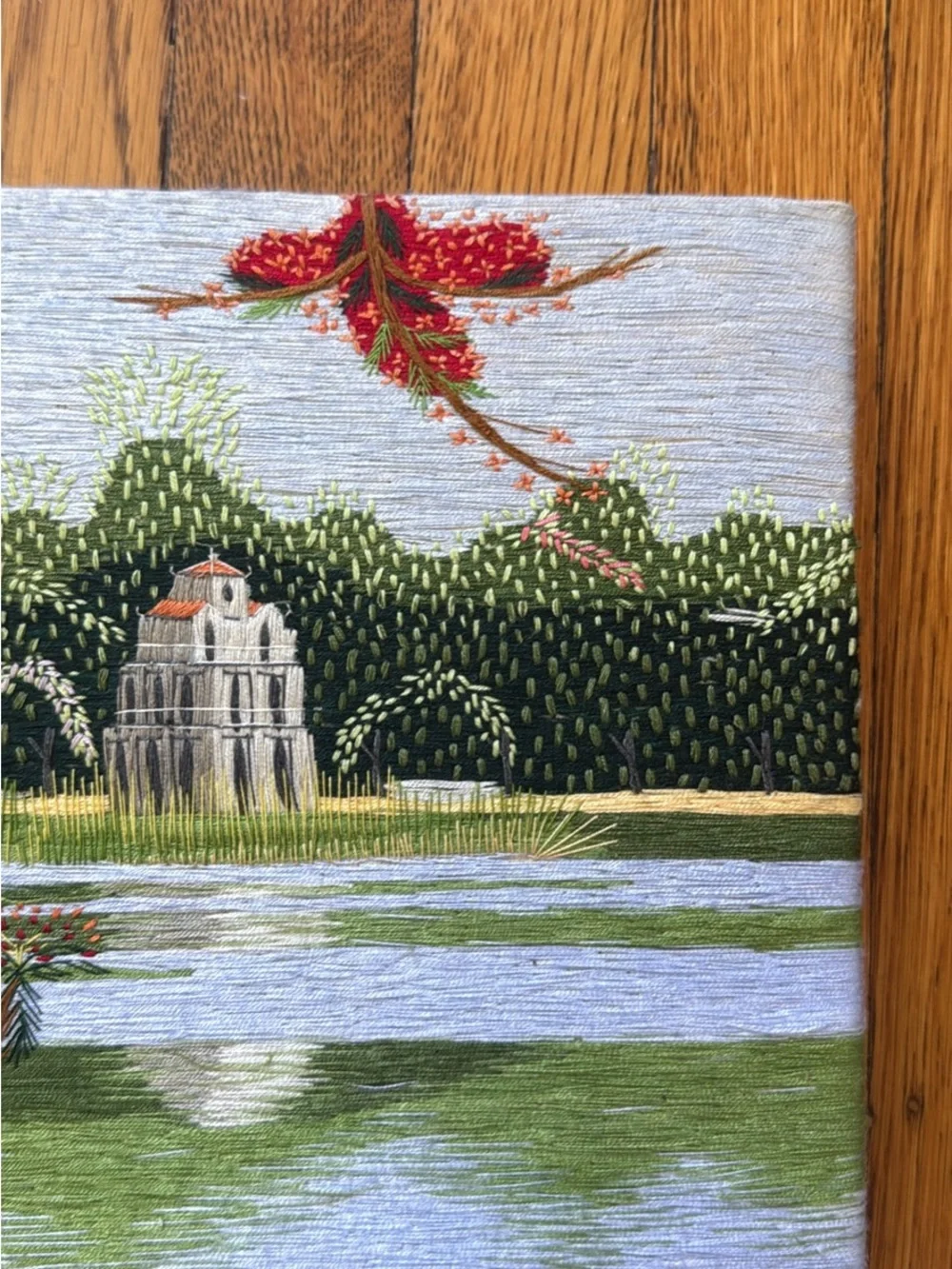 Vintage Embroidered Landscape Wall Art in Green, Blue and Red